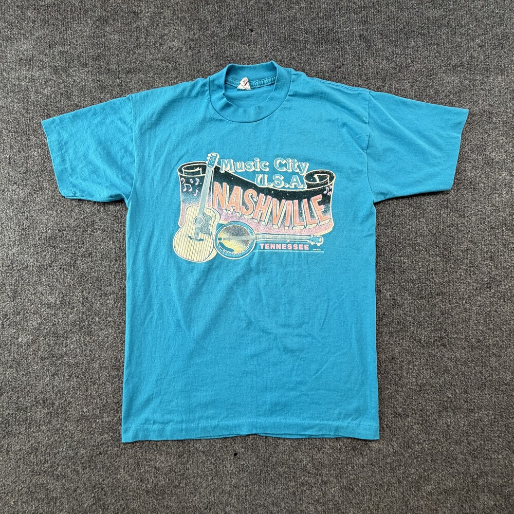 Vintage Nashville Music City USA Shirt Mens Large Blue Guitar Graphic Tee Belton